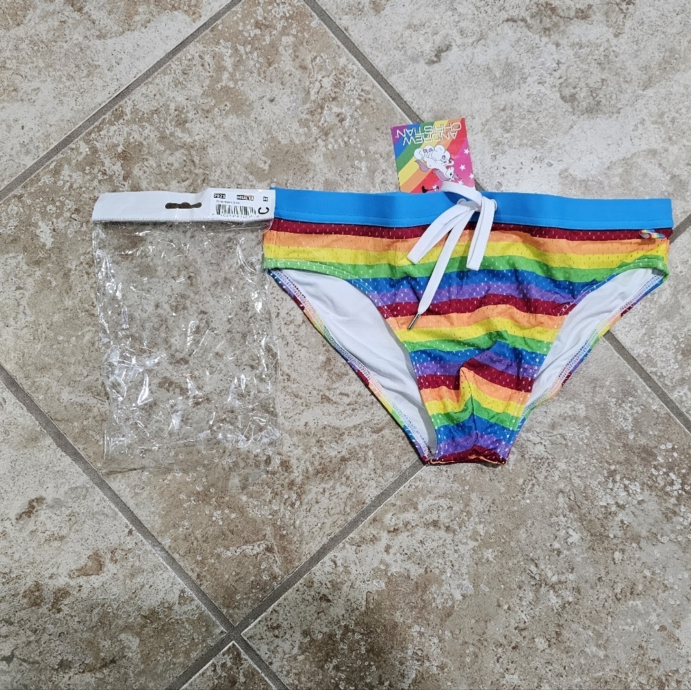 Andrew Christian Mens M Swim Briefs Rainbow Mesh Striped Bikini Designer Pride - Picture 3 of 5